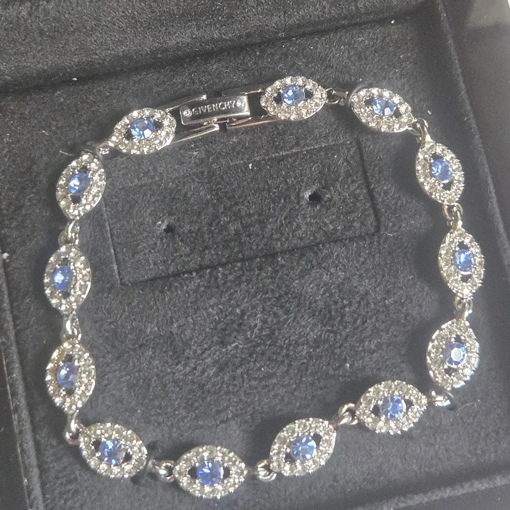 NIB Givenchy Silver Tone Blue Crystals Tennis Bracelet - Picture 2 of 4